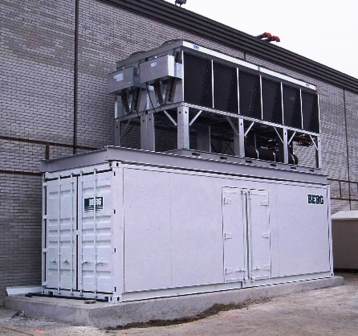 Low Temperature Containerized Refrigeration Plant with upper level condenser on a concrete pad.